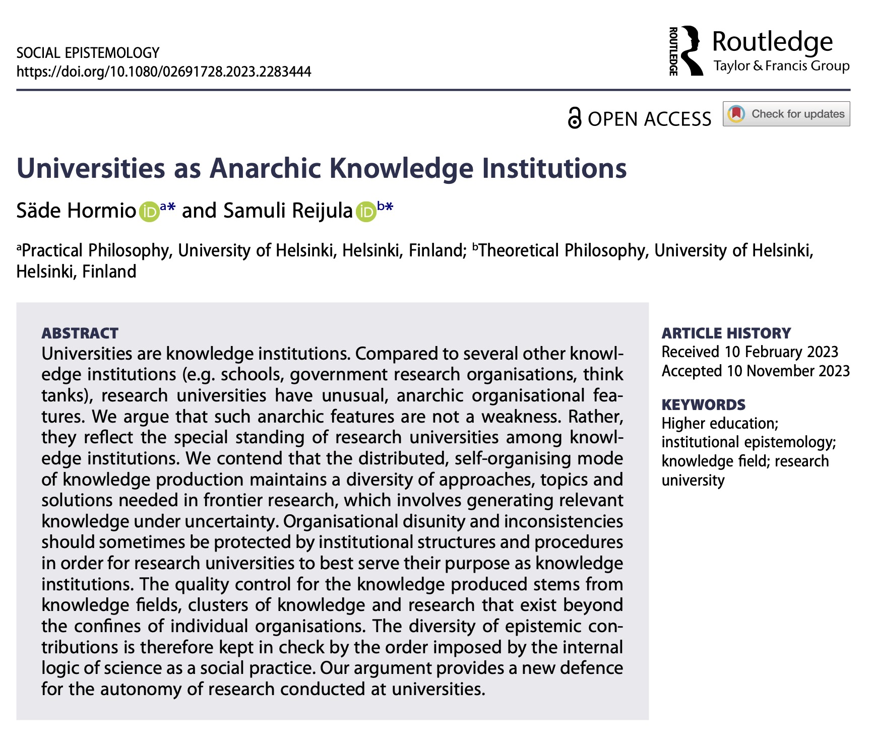 1st page of Universities as Anarchic Knowledge Institutions